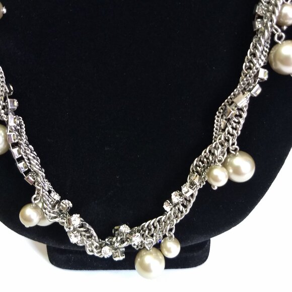 J. Crew Silver Tone Long Multistrand Twisted Necklace Faux Pearl Bead Rhinestone - Picture 2 of 6